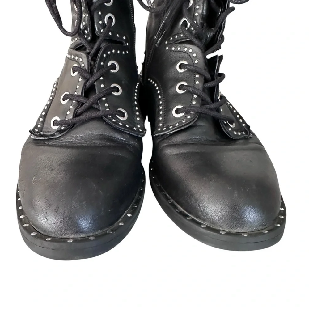 Zara Black Leather Lace Up Biker Chelsea Studded Punk Goth Ankle Boots Size 37 - Picture 7 of 15